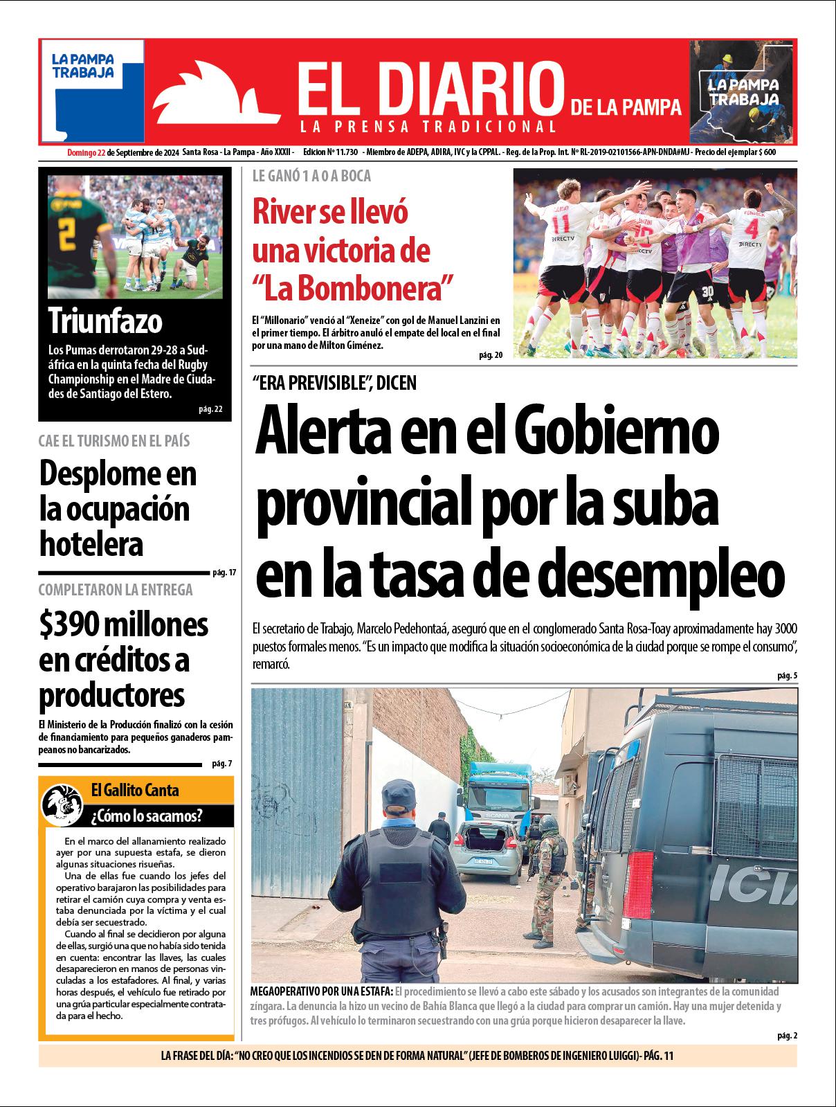 Tapa de El Diario en papel  domingo 22 de septiembre de 2024